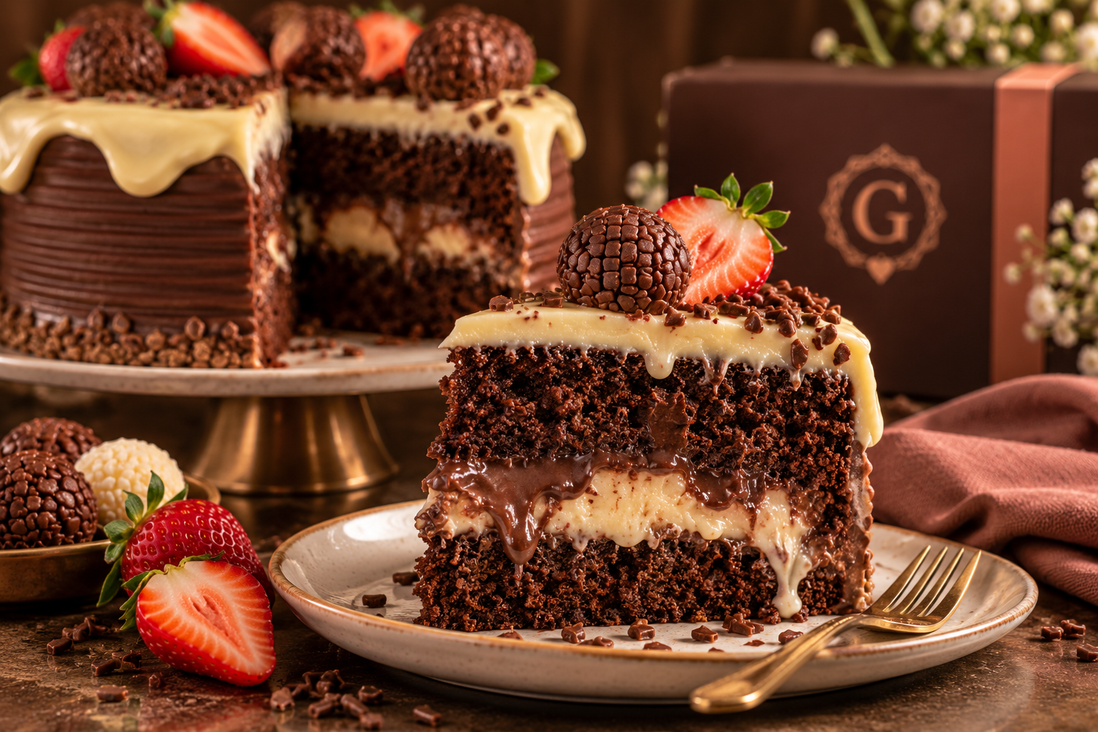 Fatia de bolo de chocolate com recheio cremoso